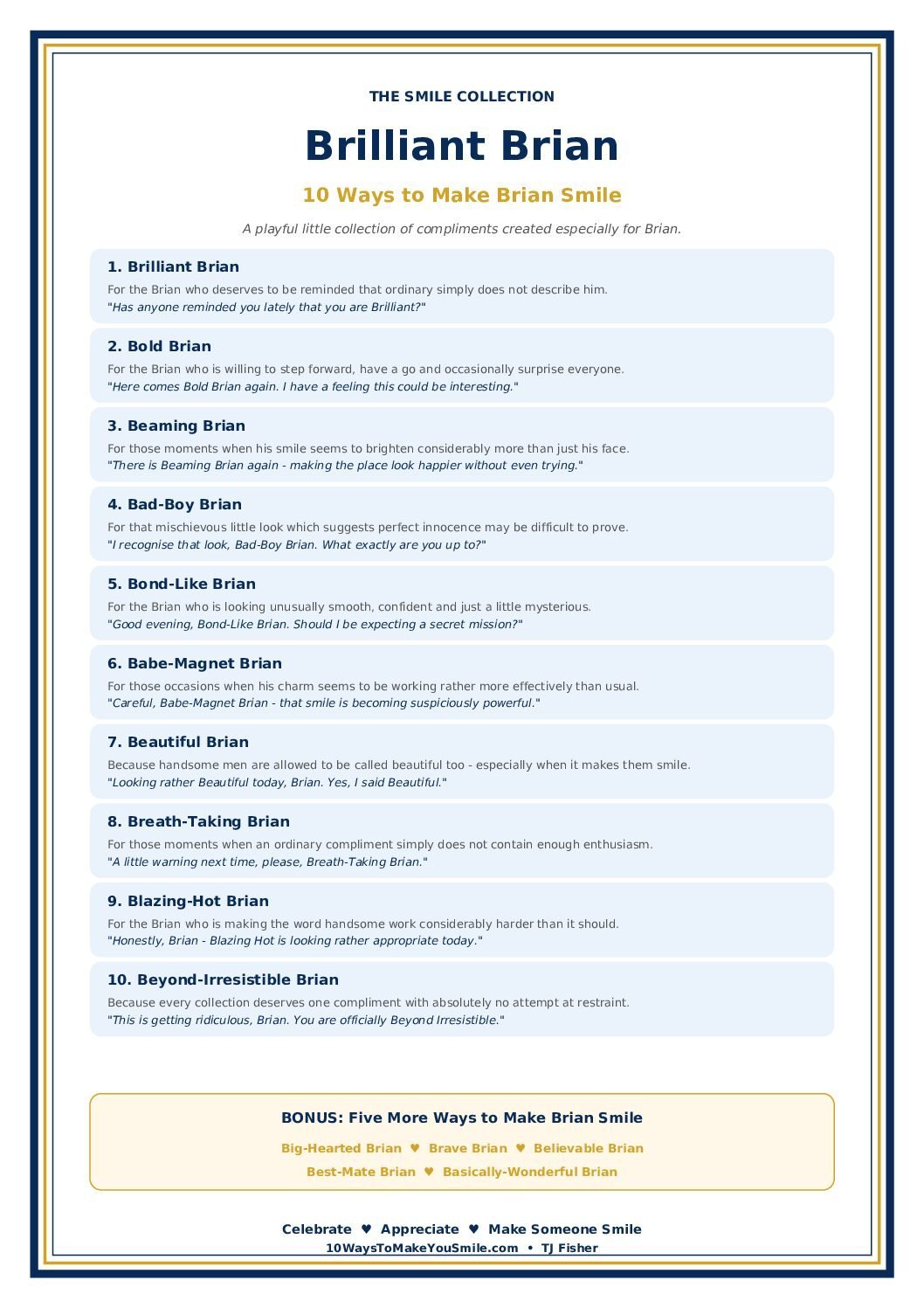 Brilliant Brian printable from The Smile Collection with ten playful ways to make Brian smile