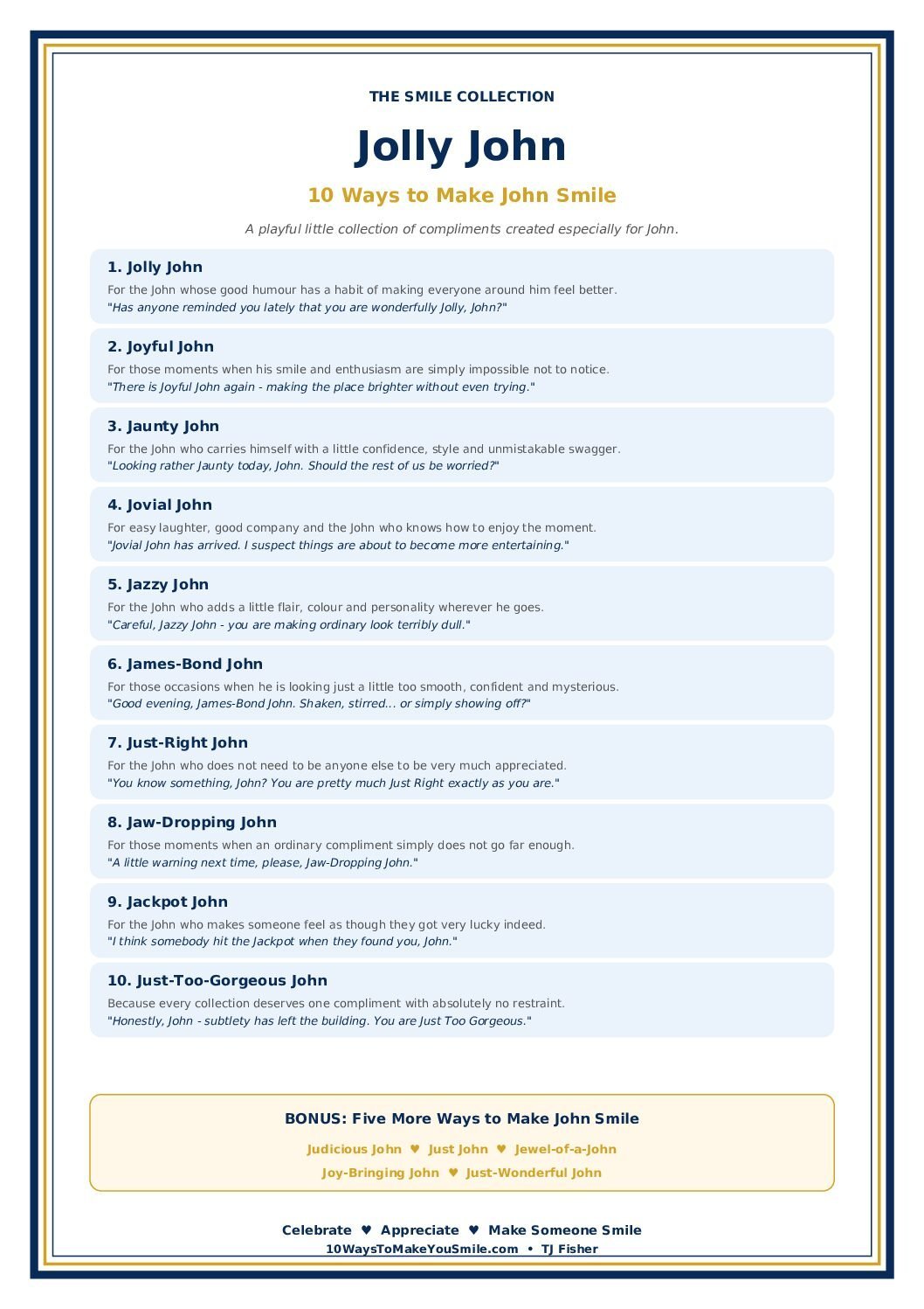Jolly John printable from The Smile Collection with ten playful ways to make John smile